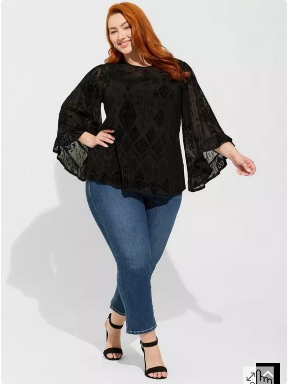 Flocked Mesh Crew Neck Bell Sleeve Swing Top